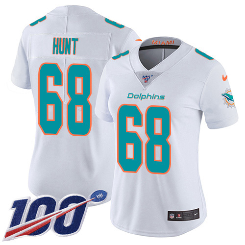 Nike Miami Dolphins 68 Robert Hunt White Women Stitched NFL 100th Season Vapor Untouchable Limited Jersey